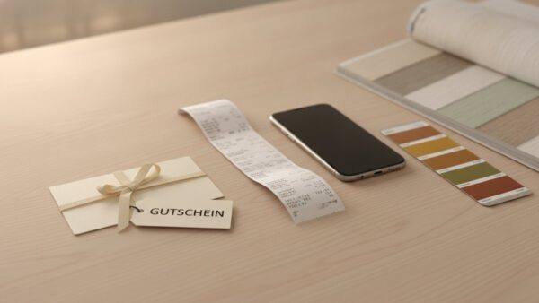 tedox filialschliessung bild 3 Geschenkkarte mit Anhänger „Gutschein“, Kassenbon und Farbkarte auf einem Holztisch