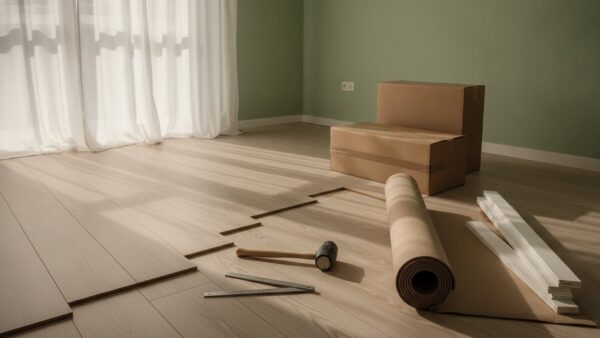tedox filialschliessung bild 4 Halb verlegter Vinylboden mit Bodenpaketen, Dämmung und Sockelleisten im Wohnzimmer