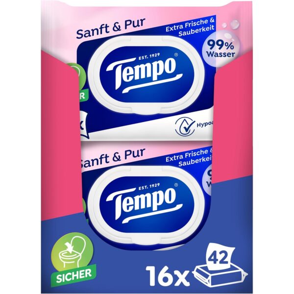 tempo feuchte toilettentuecher sanft pur 16er megapack Tempo Feuchte Toilettentücher Sanft & Pur Megapack 16 Packungen mit je 42 Tüchern