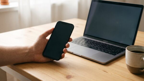 temu login bild 1 Hand mit Smartphone neben einem Laptop am Küchentisch als Sinnbild für den Login in App und Browser