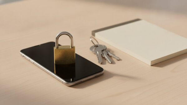 temu login bild 3 Smartphone mit einem Vorhängeschloss und Schlüsselbund auf dem Schreibtisch als Sinnbild für die Zwei-Faktor-Authentifizierung