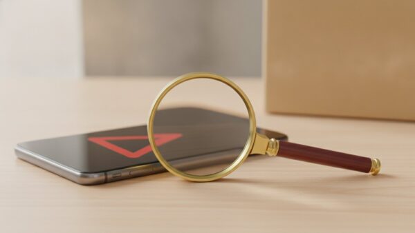 temu login bild 4 Smartphone mit rotem Warndreieck und einer Lupe davor als Sinnbild für gefälschte Paket-SMS