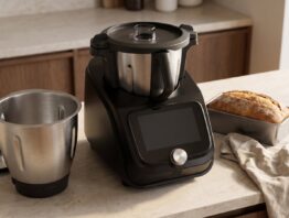 thermomix angebot bild 1 Küchenmaschine mit zweitem Mixtopf und frisch gebackenem Brot auf einer Arbeitsplatte