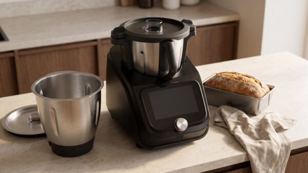 thermomix angebot bild 1 Küchenmaschine mit zweitem Mixtopf und frisch gebackenem Brot auf einer Arbeitsplatte