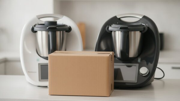 thermomix angebot bild 3 Ältere weiße und neuere schwarze Küchenmaschine nebeneinander, davor ein unbedruckter Versandkarton