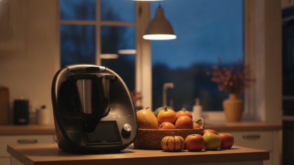 thermomix angebot bild 4 Herbstliche Küche am Abend mit Küchenmaschine, Kürbissen und Äpfeln auf der Arbeitsplatte