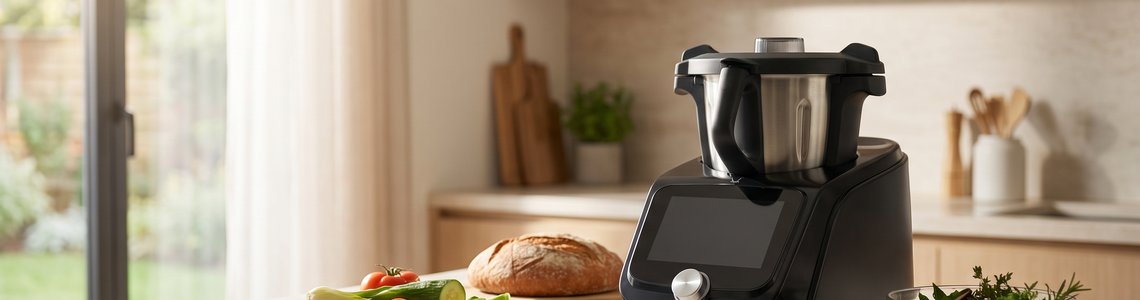 Schwarze Küchenmaschine mit Mixtopf auf einer hellen Arbeitsplatte neben Gemüse, Brot und Kräutern