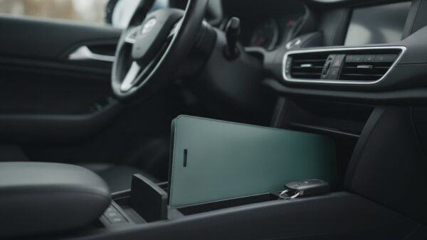typklassen 2027 bild 4 GrĂŒne DokumentenhĂŒlle und AutoschlĂŒssel in der Mittelkonsole eines Autos