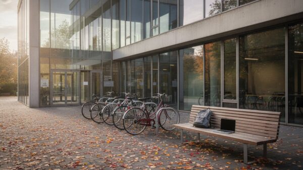 unidays bild 2 Eingang eines Hochschulgebäudes im Herbst mit Fahrrädern, Rucksack und Notebook auf einer Bank