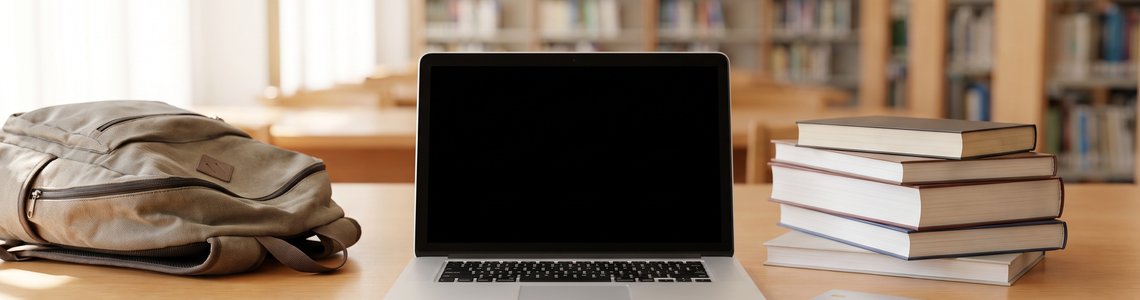 Arbeitsplatz in einer Universitätsbibliothek mit Notebook, Büchern, Rucksack und einer neutralen Karte