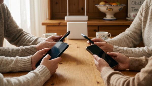 vodafone kombi bild 1 Familie am KĂĽchentisch mit mehreren Smartphones, im Hintergrund ein WLAN-Router im Regal