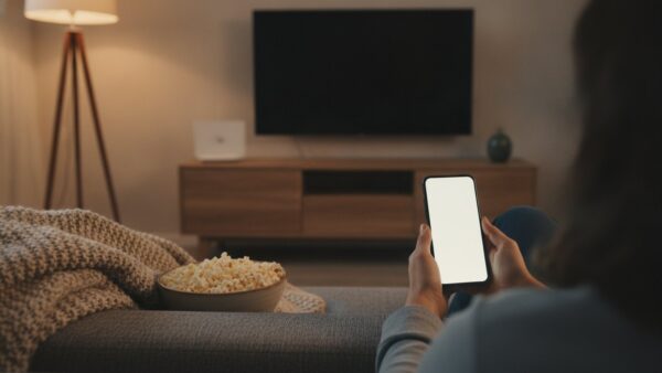 vodafone kombi bild 2 Hände halten ein Smartphone auf dem Sofa, im Hintergrund Fernseher und WLAN-Router