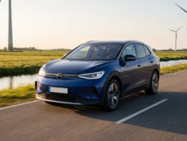 vw id tiguan bild 1 Dunkelblaues Elektro-SUV auf einer Landstraße mit Wiesen und Windrädern im Hintergrund