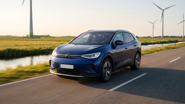 vw id tiguan bild 1 Dunkelblaues Elektro-SUV auf einer Landstraße mit Wiesen und Windrädern im Hintergrund