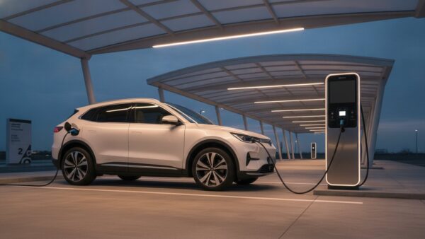 vw id tiguan bild 2 Weißes Elektro-SUV lädt in der Dämmerung an einer überdachten Schnellladesäule