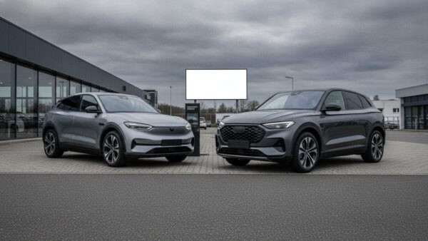 vw id tiguan bild 4 Zwei Elektro-SUVs unterschiedlicher Generation nebeneinander auf dem Hof eines Autohauses