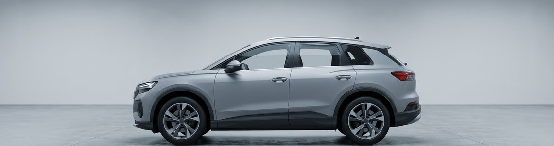 Hellgraues Elektro-SUV seitlich in einer hellen Ausstellungshalle mit Betonboden