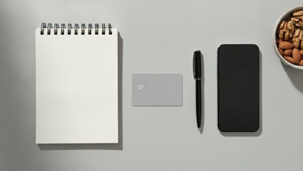 weight watchers login bild 3 Unbedruckte graue Karte, leerer Notizblock, Kugelschreiber und Smartphone auf einem hellen Schreibtisch