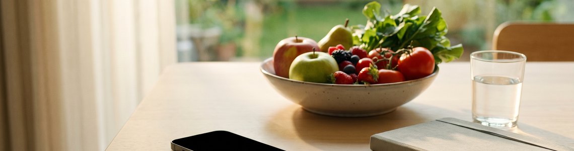Heller Küchentisch mit Smartphone, einer Obstschale, einem Glas Wasser und einem Notizbuch