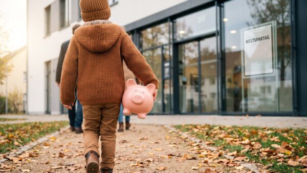 weltspartag bild 1 Kind trägt am Weltspartag ein Sparschwein zur Bankfiliale