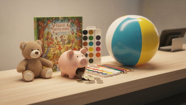 weltspartag bild 2 Kleine Geschenke für Kinder neben einer Spardose auf einem Bankschalter