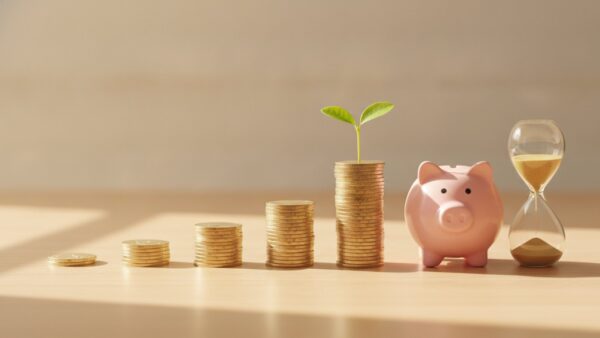 weltspartag bild 4 Ansteigende Münzstapel mit Pflanzensetzling, Sparschwein und Sanduhr als Symbol für Zinseszins