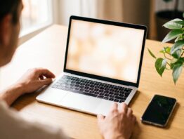 Person von hinten an einem Laptop am Schreibtisch, daneben ein Smartphone – Anmeldung im Wertgarantie Kundenportal