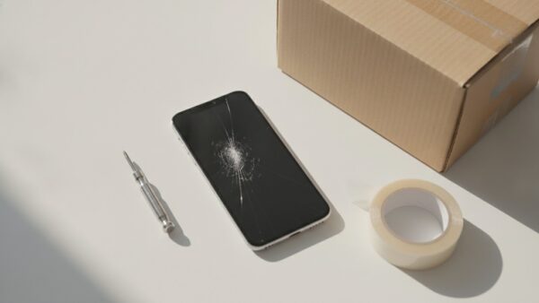 wertgarantie login bild 3 Smartphone mit gesprungenem Display neben Werkzeug und Versandkarton â Schadensmeldung bei Wertgarantie