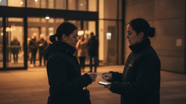 wetten dass tickets einlass Ordnerin prĂĽft am Einlass einer Veranstaltungshalle den Ausweis eines Besuchers