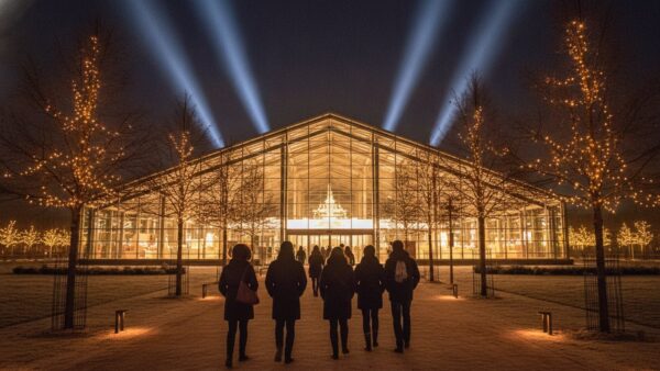 wetten dass tickets messehalle Besucher gehen an einem Winterabend auf eine beleuchtete Messehalle zu