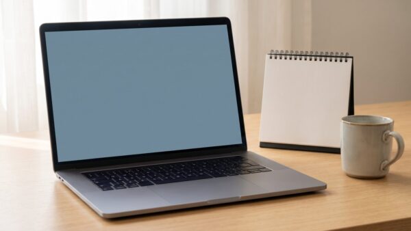 windows 11 24h2 bild 1 Notebook mit einfarbigem Bildschirm neben einem leeren Kalenderblock – Symbolbild zum Supportende von Windows 11 24H2