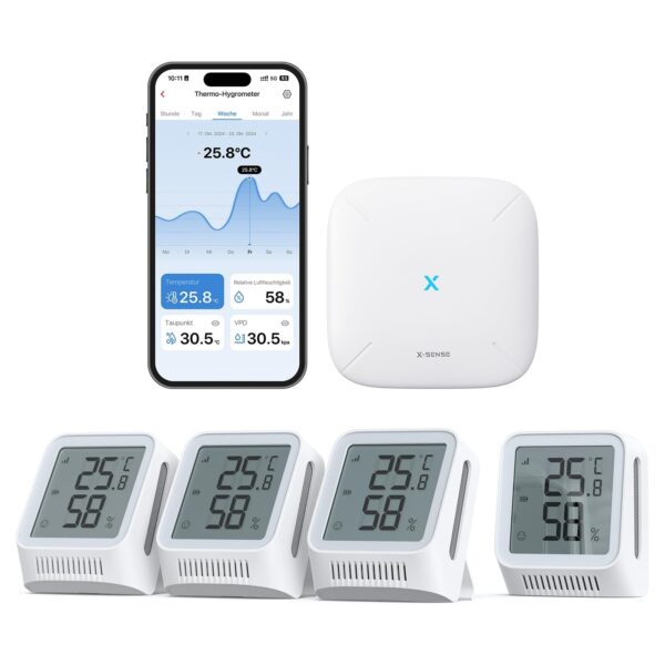 x sense sth0a41 wlan hygrometer 4er set basisstation X-Sense WLAN Hygrometer Thermometer Innen mit LCD-Display, STH0A41 Weiß STH0A41 Kits + SBS50 Basisstation