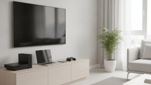 xbox login bild 2 Fernseher, Spielkonsole, Notebook, Smartphone und Controller auf einem Sideboard als Symbol für die Xbox-Anmeldung auf verschiedenen Geräten