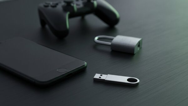 xbox login bild 4 USB-SicherheitsschlĂĽssel und Smartphone mit Fingerabdrucksensor vor einem Controller als Symbol fĂĽr Passkey und zweistufige ĂśberprĂĽfung beim Xbox-Konto