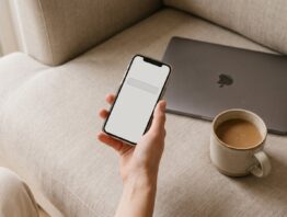 Hand mit Smartphone, das ein leeres Eingabefeld zeigt, neben zugeklapptem Laptop und Kaffeebecher