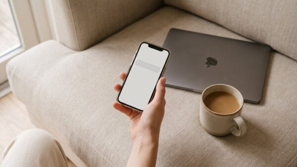 zalando login bild 1 Hand mit Smartphone, das ein leeres Eingabefeld zeigt, neben zugeklapptem Laptop und Kaffeebecher