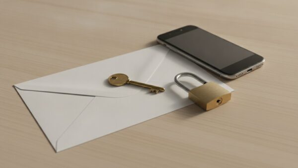 zalando login bild 2 Messingschlüssel auf einem weißen Briefumschlag neben Smartphone und geöffnetem Vorhängeschloss