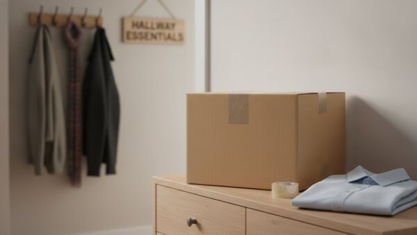 zalando login bild 3 Unbedruckter Versandkarton mit Klebeband und gefaltetem Hemd auf einer Kommode im Flur