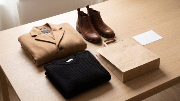 Gefalteter Wollmantel, schwarzer Strickpullover und Lederstiefeletten neben einer unbedruckten Papiertüte