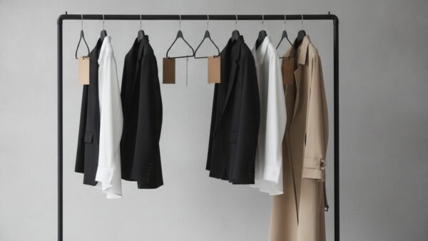 Schwarze Kleiderstange mit Blazern, Hemden und Trenchcoat, an einigen Bügeln leere Pappanhänger