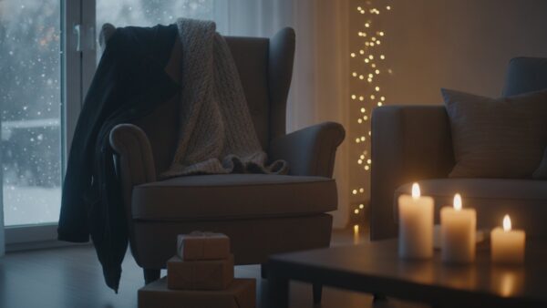 Wintermantel und Wollschal auf einem Sessel neben in Packpapier eingewickelten Geschenken, draußen Schneefall
