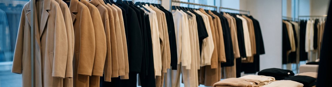 Heller, minimalistischer Modeladen mit einer Kleiderstange voller Mäntel und Pullover in Herbstfarben