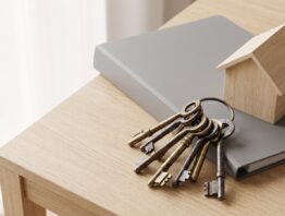 Schlüsselbund, Aktenordner und Modellhaus aus Holz als Symbol für die Zwangsverwaltung einer Immobilie