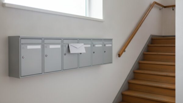 Hausflur mit Briefkästen und eingeworfenem Brief als Symbol für die Mitteilung an Mieter bei Zwangsverwaltung