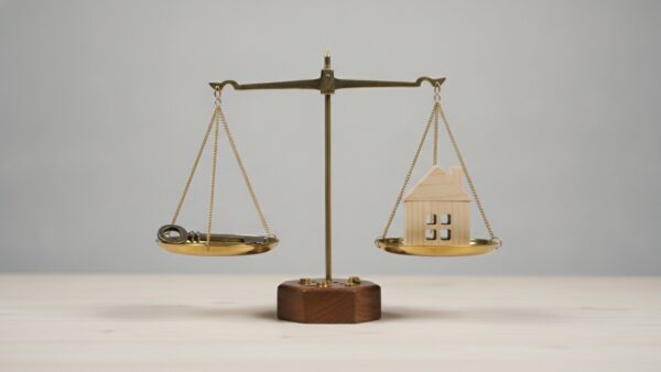 Messing-Balkenwaage mit Haustürschlüssel und Modellhaus als Symbol für Vor- und Nachteile der Zwangsverwaltung