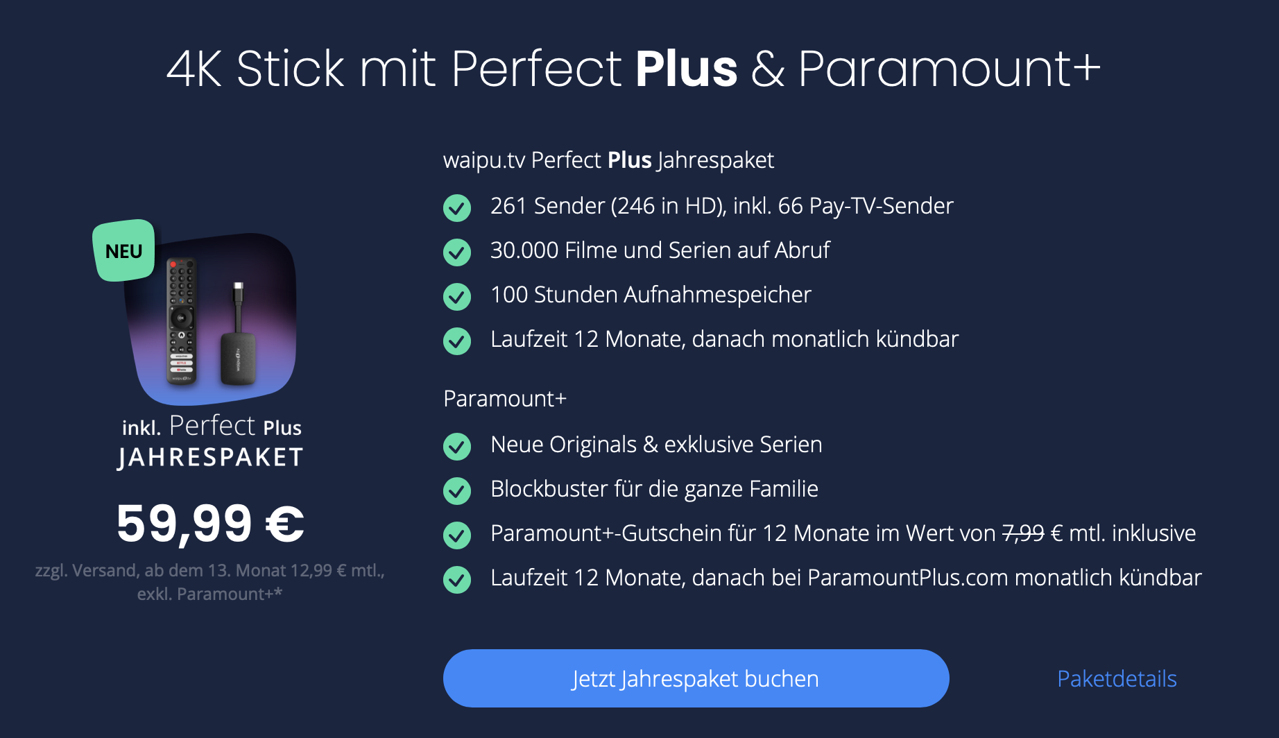 waipu.tv 4K Stick für 59,99€ inkl. 1 Jahr Perfect Plus