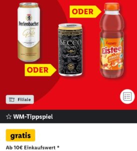 Lidl App-WM Tippspiel: gratis Perlebacher Premium Pils oder Freeway Eistee oder Allini Secco Frizzante ab 10€ MEW