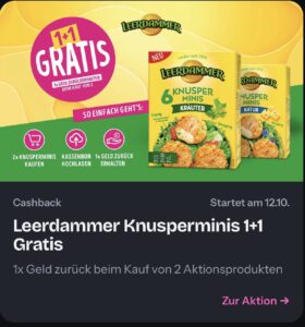 Leerdammer Knusperminis: 1+1 gratis per Cashback ab 12.10.2026