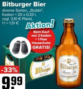 Logo Getränkemarkt: 1 Paar Hausschuhe gratis beim Kauf von Bitburger Bier