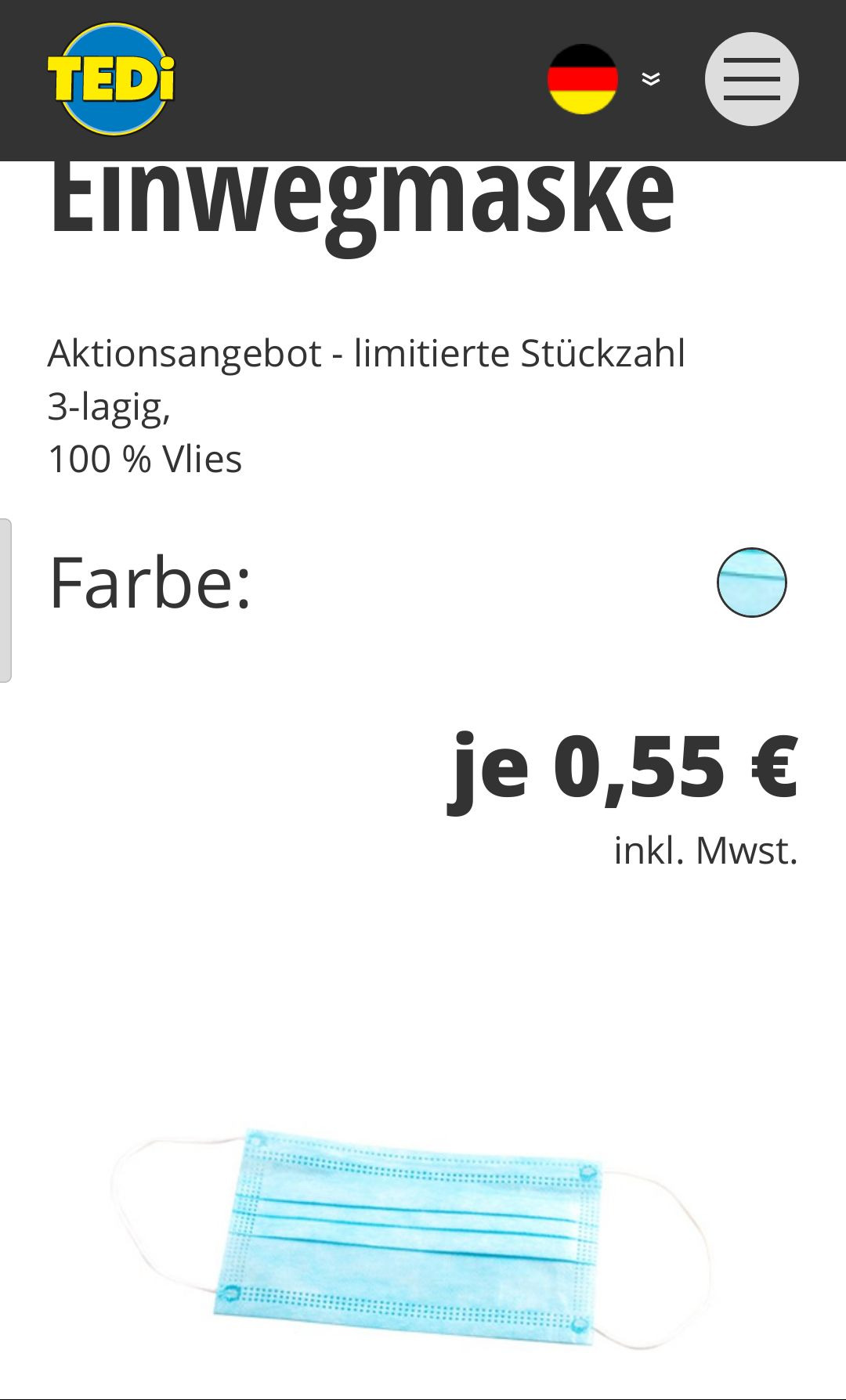 Einwegmaske bei TEDi für 0,55 Euro statt 0,80 Euro